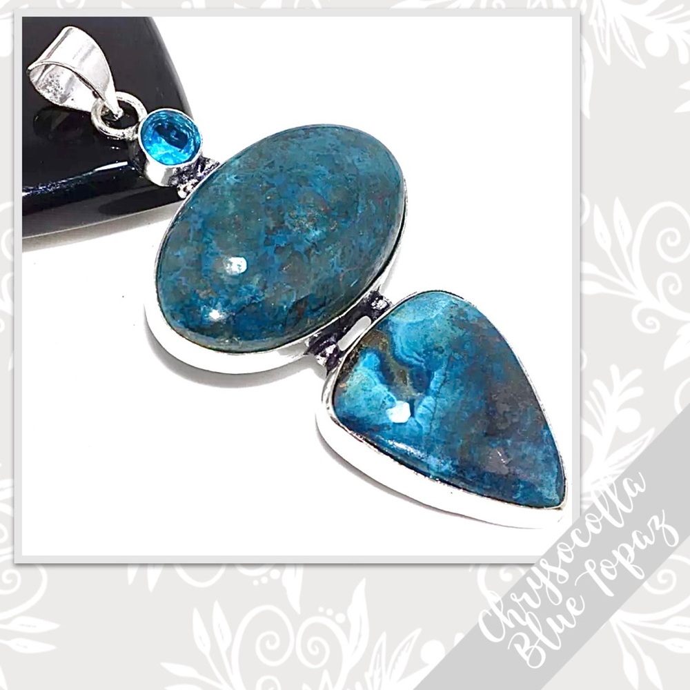 Chrysocolla, Quantum Quattro Large Silver Artisan Pendant 2.7” (Dark Aqua Blue)